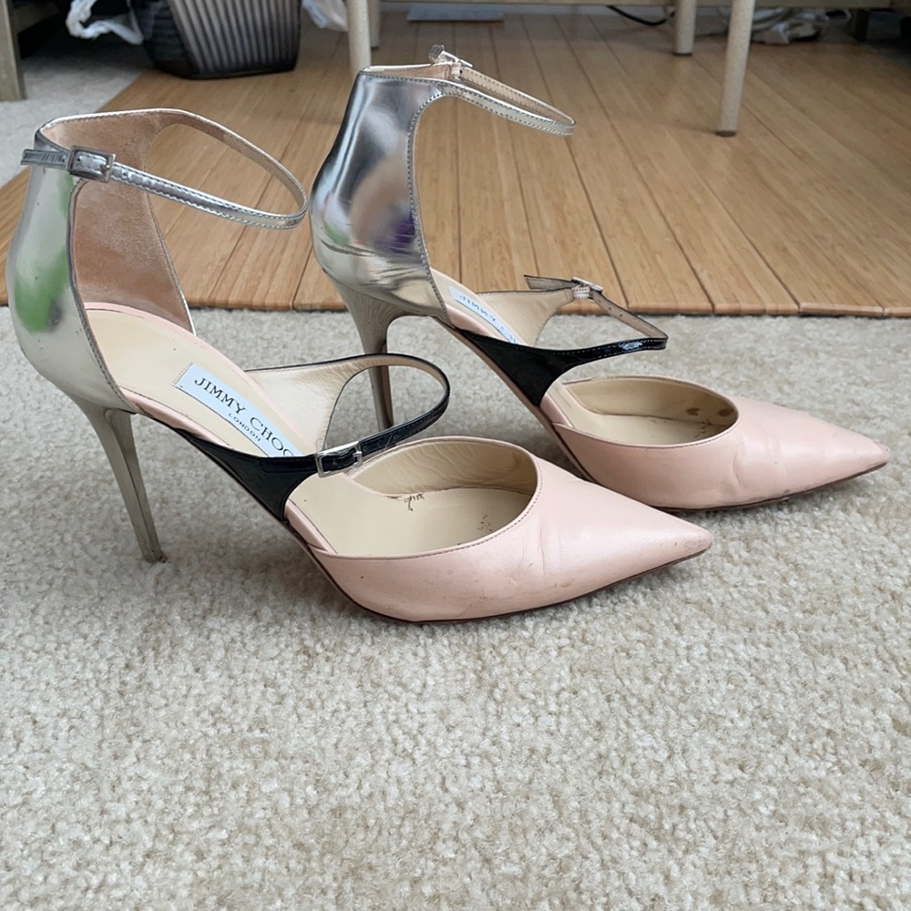 Jimmy Choo Typhoon 100 pink/slvr/blk heel w/straps
